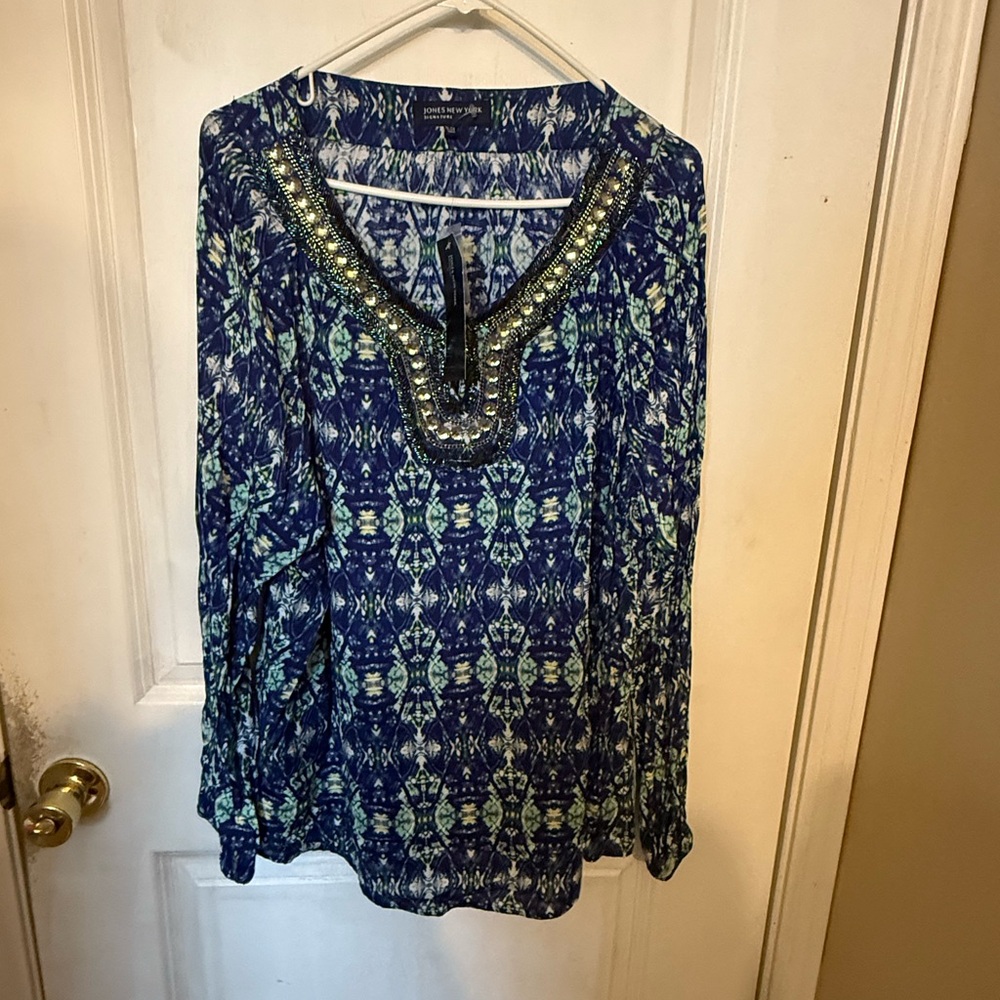 Jones New York Blue and Green embellish Patterned tunic Blouse size xl